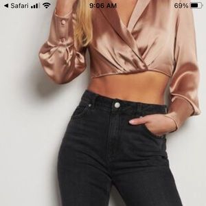 Dynamite Satin Wrap Blouse, size small, in natural beige colour.